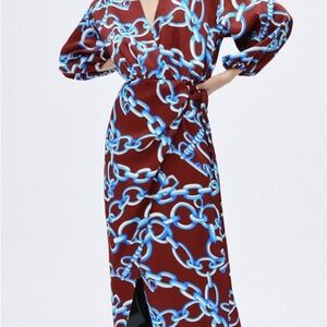 Zara Red and Blue Chain Print Long Sleeve Dress